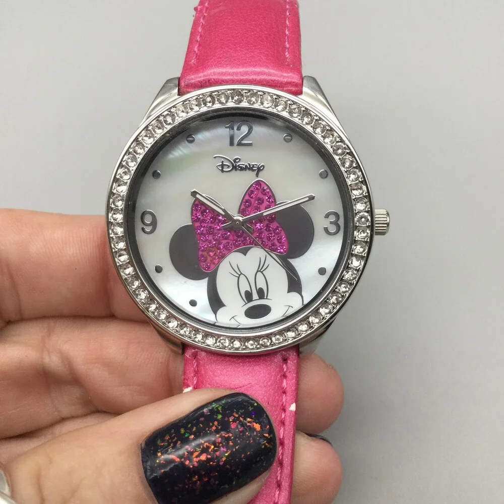 Disney Minnie Mouse Womens Watch 40mm MOP Dial Pink Leather MN1044 New Battery